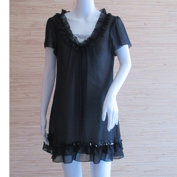 Veeko Women's Ruffle-trimmed Embroidered Silk-organza Mini Dress Black - Picture 2 of 7
